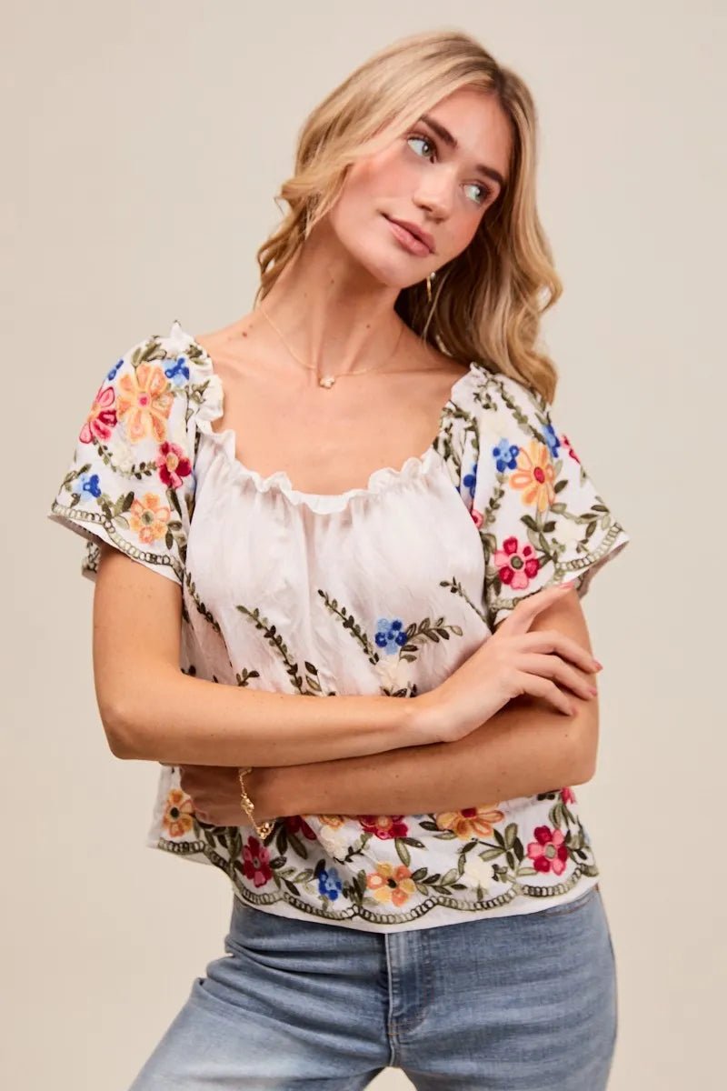 Kvinne Bluse Med Blomsterbroderi Rysje Rayon Polyester 7