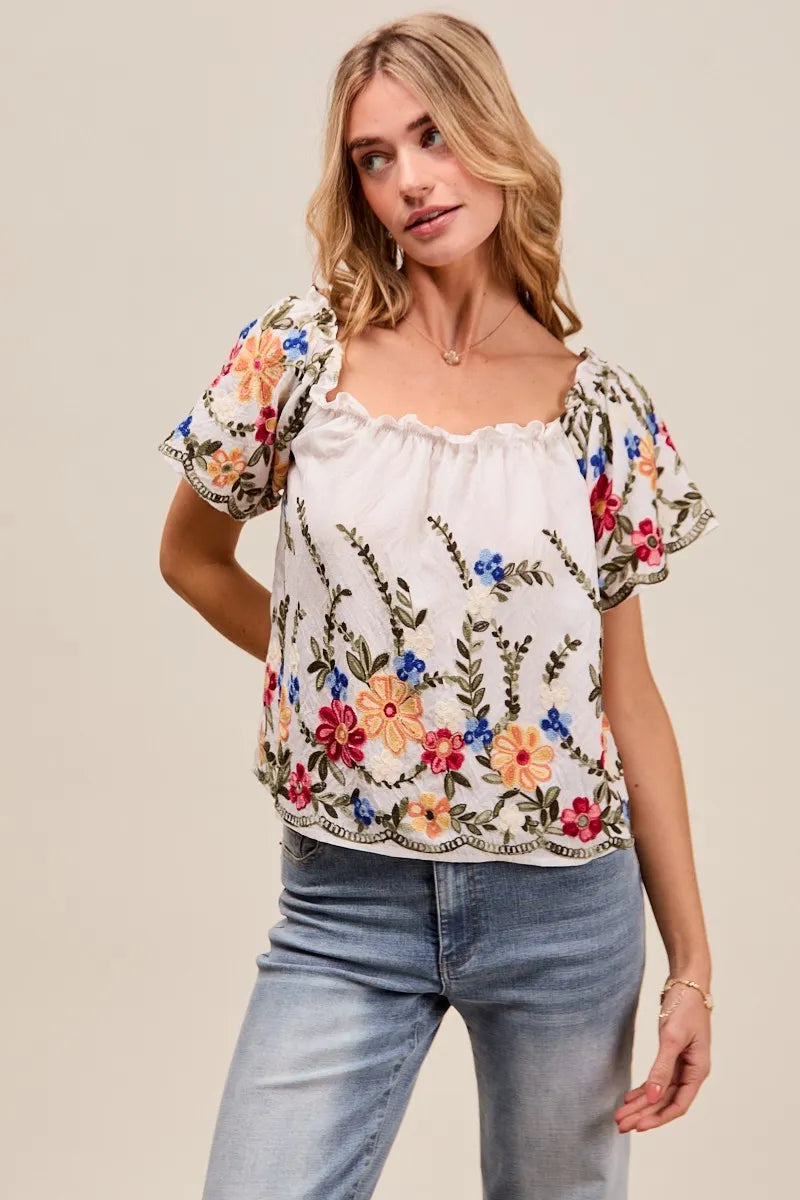 Kvinne Bluse Med Blomsterbroderi Rysje Rayon Polyester 8