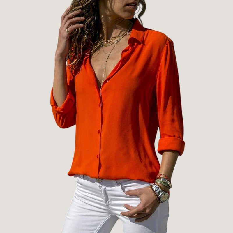 Kvinne Bluse V-hals Med Knapper Lett Chiffon 5