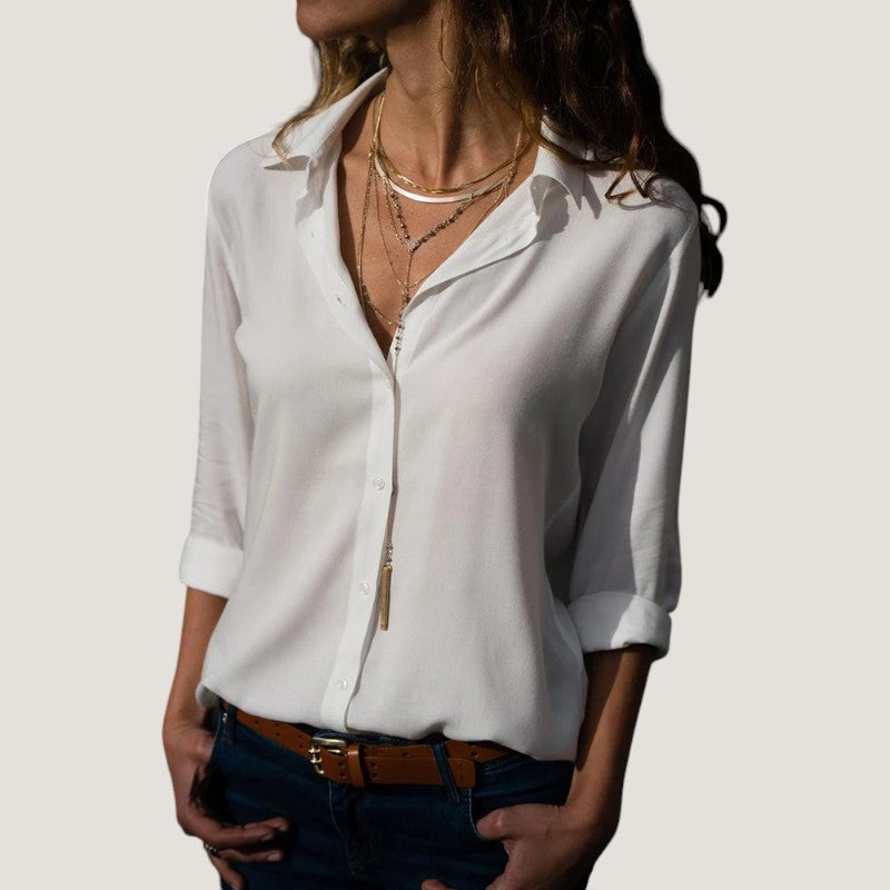 Kvinne Bluse V-hals Med Knapper Lett Chiffon 6