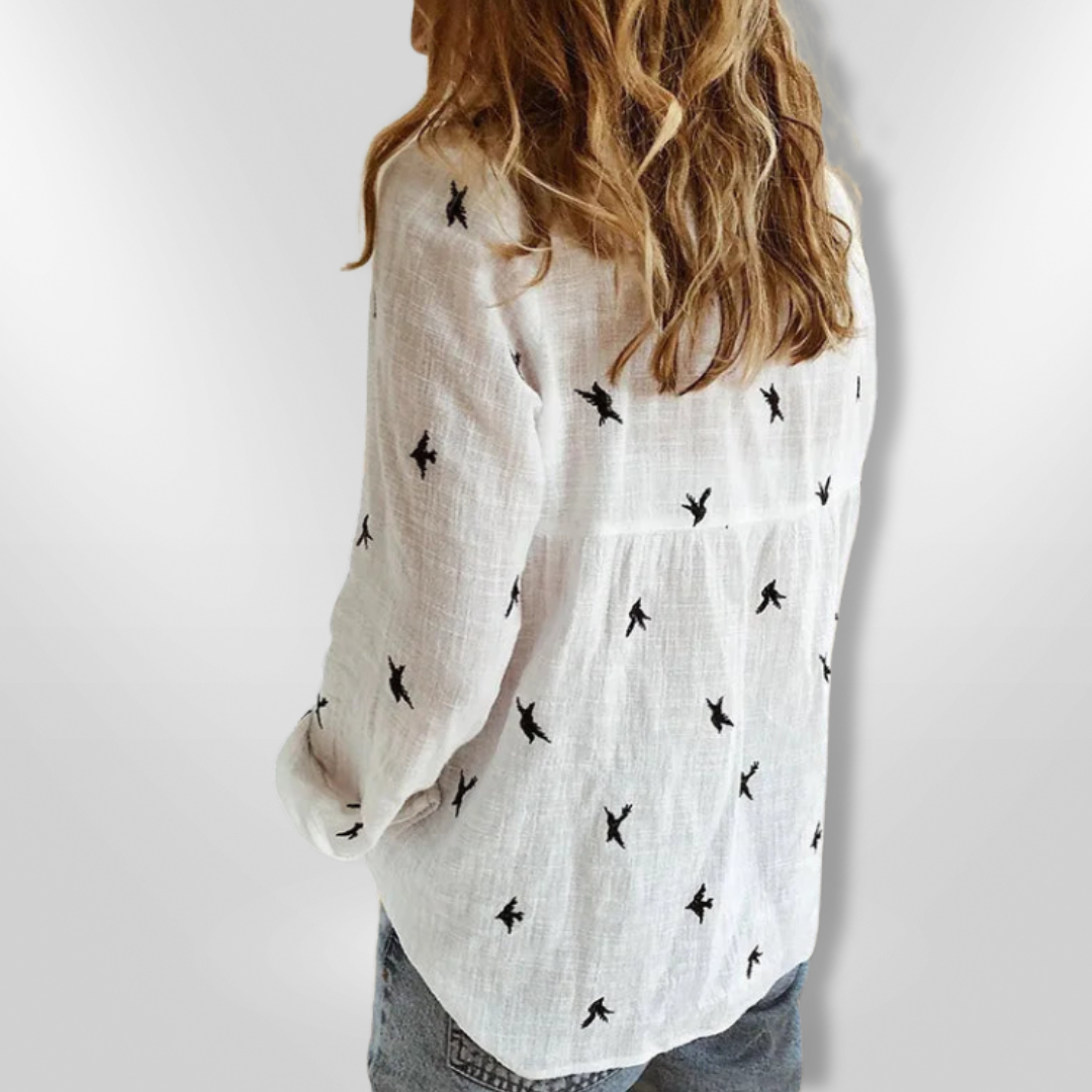 Kvinne Chemise Knappe Design Myk Bomull med Fuglemotiv 3