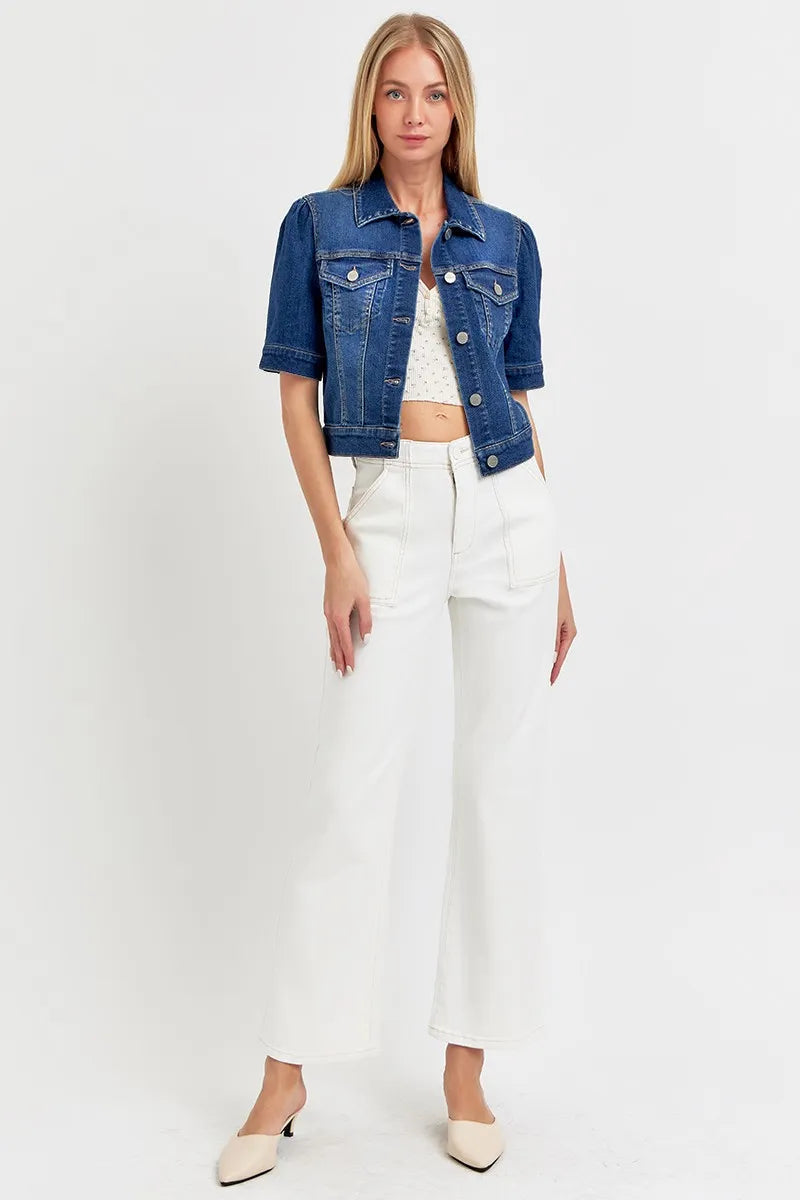 Kvinne Crop Denim Jakke med Pufferte Korte Ermer 5