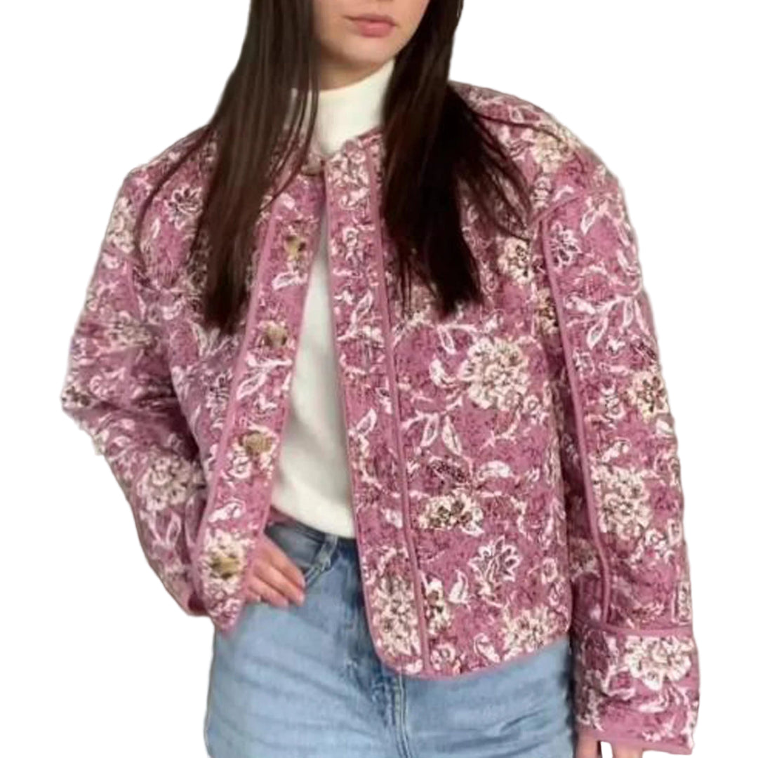 Kvinne Cropped Puffer Jakke Blomstertrykk Langermet 0