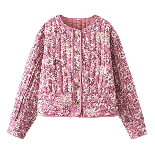 Kvinne Cropped Puffer Jakke Blomstertrykk Langermet 1