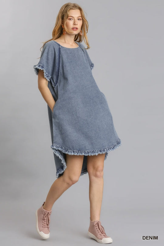 Kvinne Denim Kjole med Lommer og Frynser 1