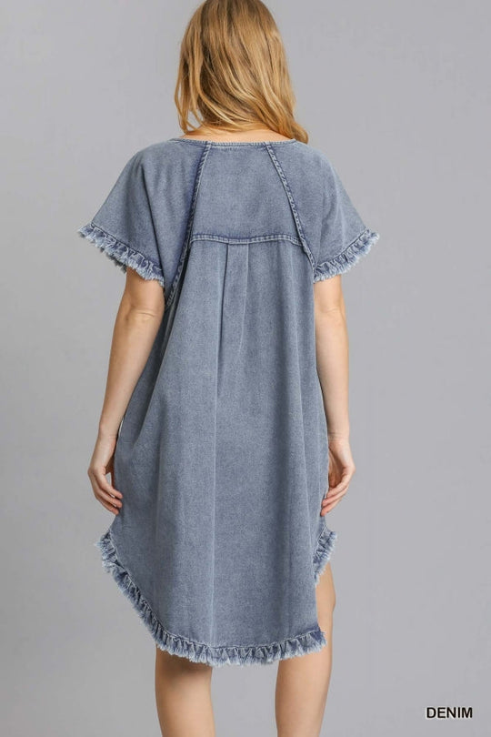 Kvinne Denim Kjole med Lommer og Frynser 2