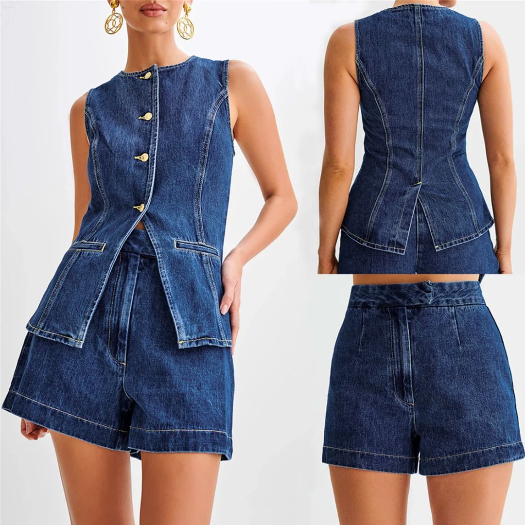 Kvinne Denim Sett Med Ermeløs Topp Og Høyt Liv 1