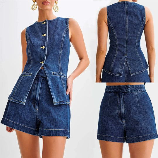 Kvinne Denim Sett Med Ermeløs Topp Og Høyt Liv 1
