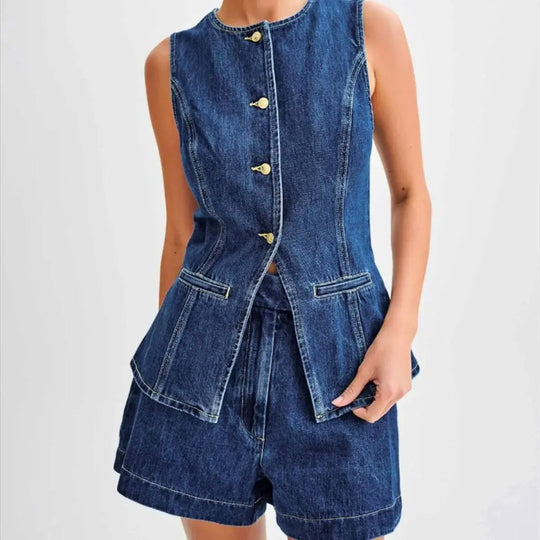Kvinne Denim Sett Med Ermeløs Topp Og Høyt Liv 2