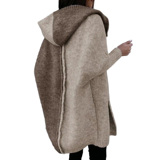 Kvinne Hettecardigan Ull Oversized Åpen Front Patchwork Stil 1