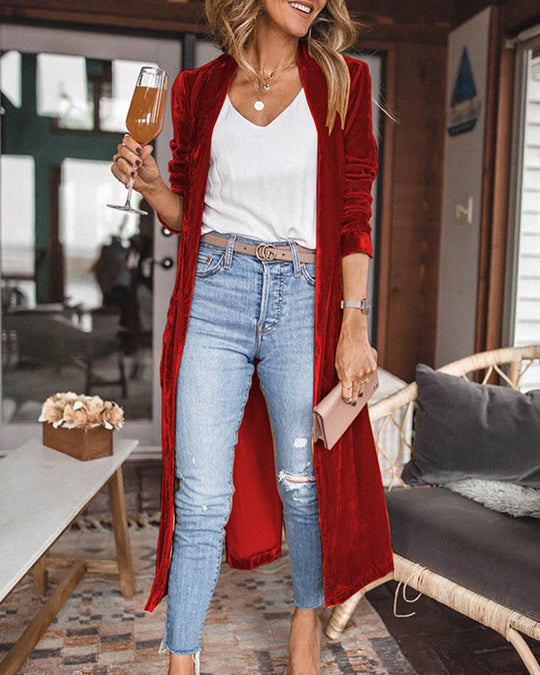 Kvinne Lang Duster Cardigan i Fløyel 7