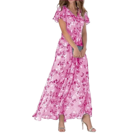 Kvinne Maxi Kjole Blomstertrykk V-Hals Korte Flatterende Ermer 0