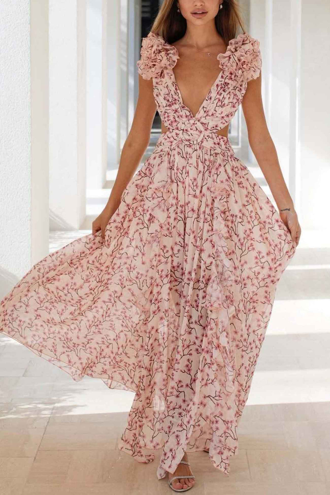 Kvinne Maxi Kjole Dyp V-Hals Ruffle Ermer 1