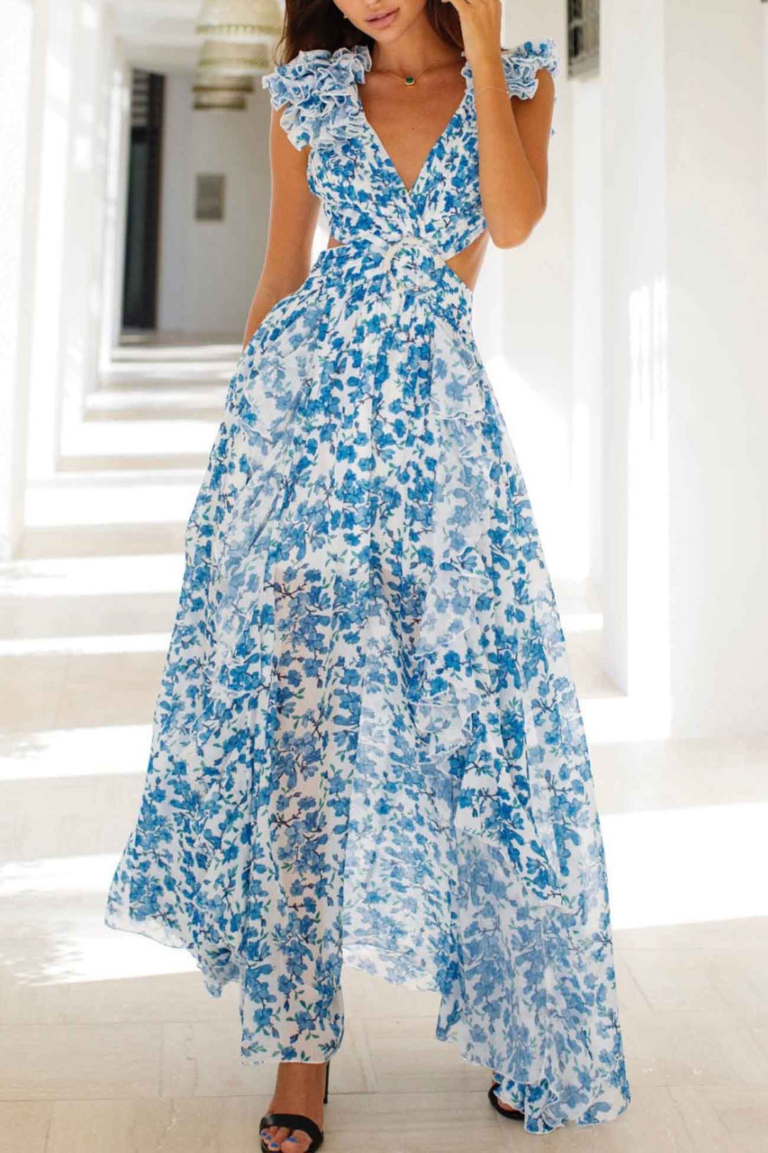 Kvinne Maxi Kjole Dyp V-Hals Ruffle Ermer 8