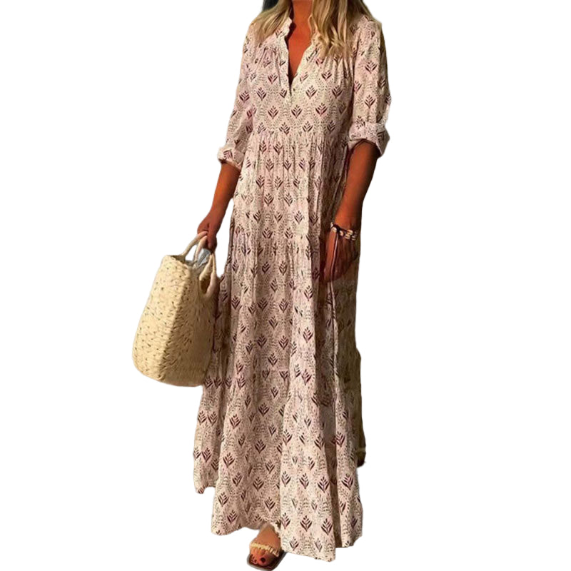 Kvinne Maxi Kjole V-Hals Løs Passform Vintage Print 0
