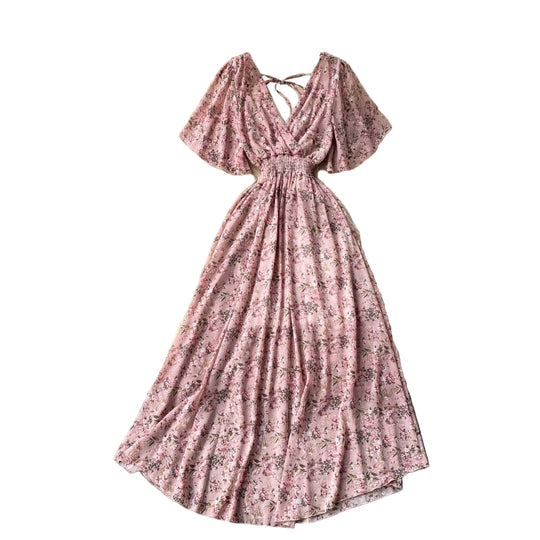Kvinne Maxi Kjole V-Hals Shirred Midje Korte Flottende Ermer 0