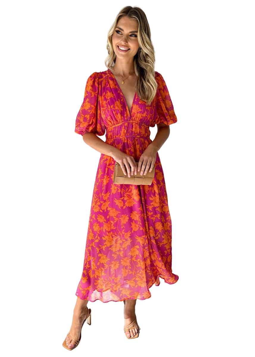 Kvinne Maxikjole med Blomsterprint og V-hals, Pufferm, Perfekt til Bryllup og Sommerarrangementer 0