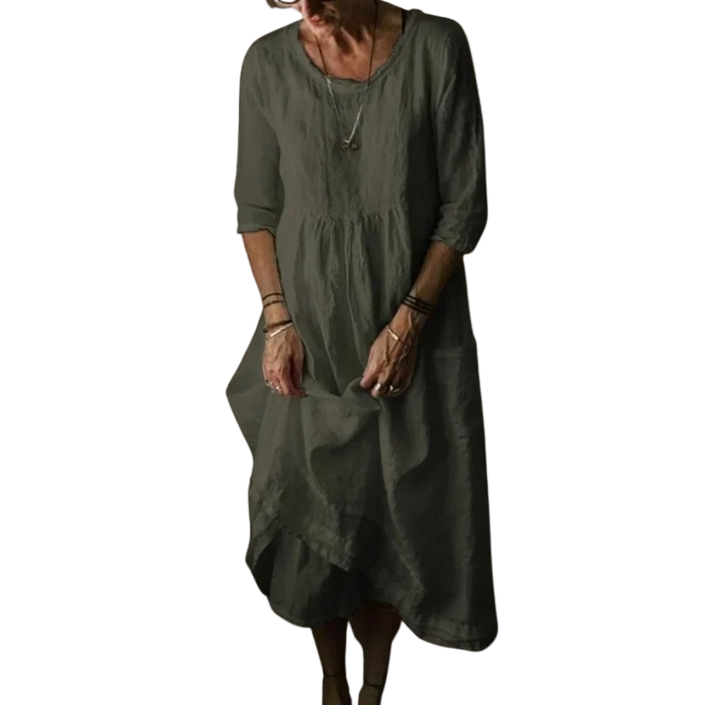 Kvinne Midi Kjole med Albuelange Ermer Vintage-Inspirert Avslappet Stil 0