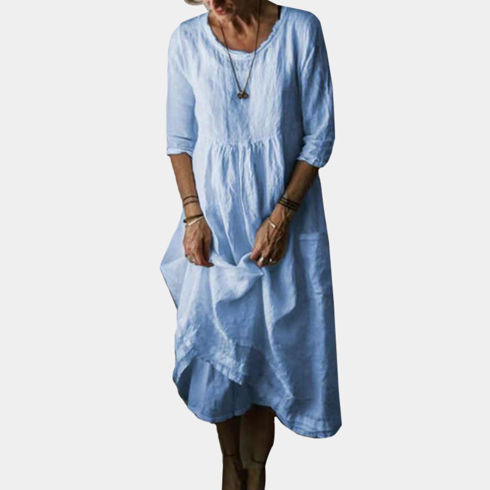 Kvinne Midi Kjole med Albuelange Ermer Vintage-Inspirert Avslappet Stil 1