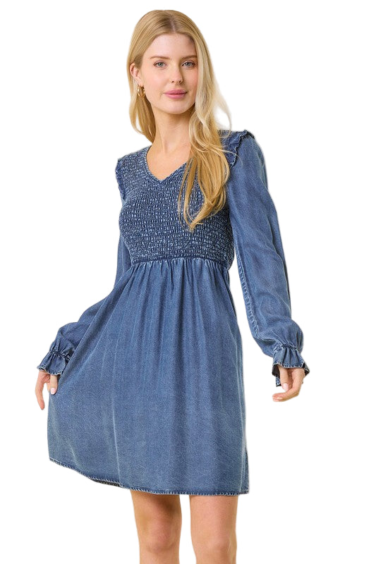 Kvinne Mini Kjole V-Hals Smocked Denim 0