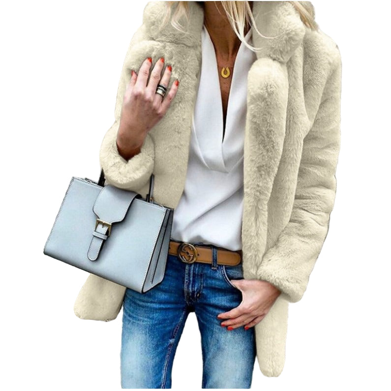 Kvinne Oversized Faux Fur Kåpe med Fold-Over Krage 0