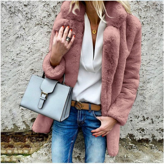 Kvinne Oversized Faux Fur Kåpe med Fold-Over Krage 3