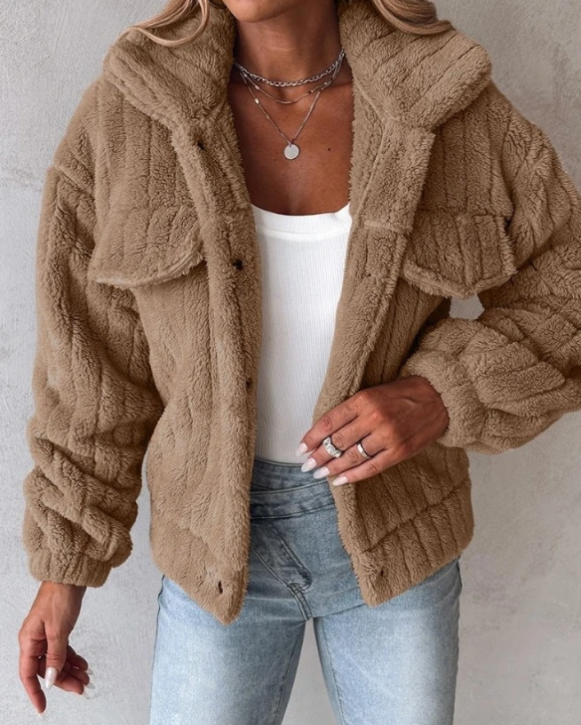 Kvinne Oversized Teddy Coat med Knappfront 4