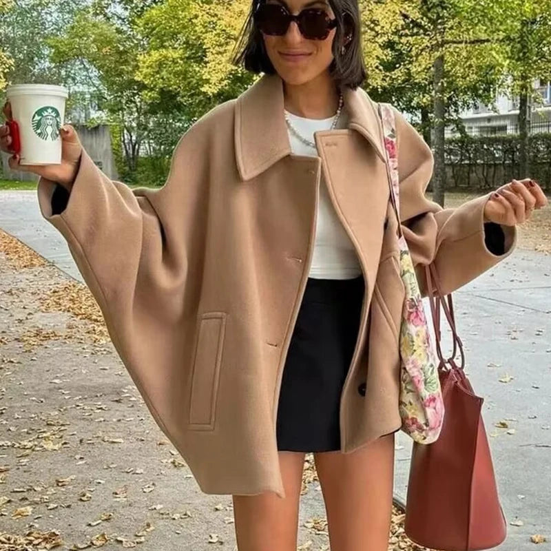 Kvinne Oversized Vinterfrakk med Lange Ermer og Knapper 2
