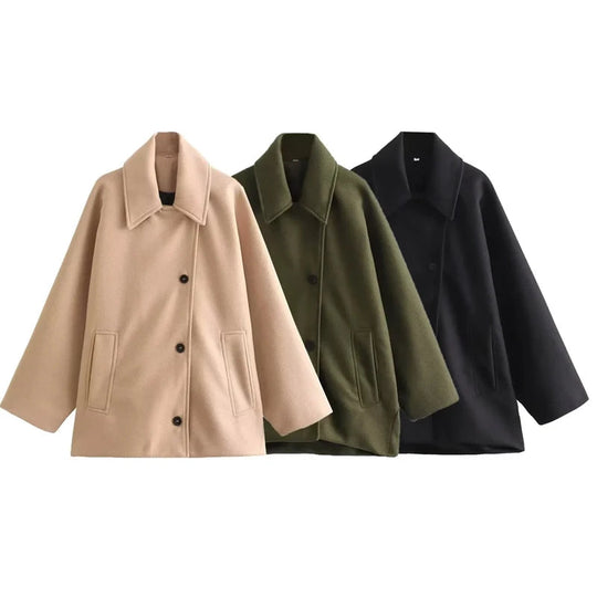 Kvinne Oversized Vinterfrakk med Lange Ermer og Knapper 5