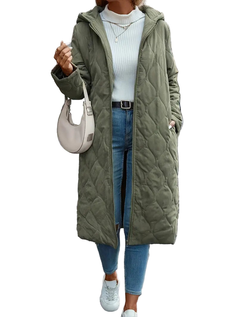 Kvinne Quilted Frakk – Avslappet Passform – Hette – Full Lengde – Glidelås 0