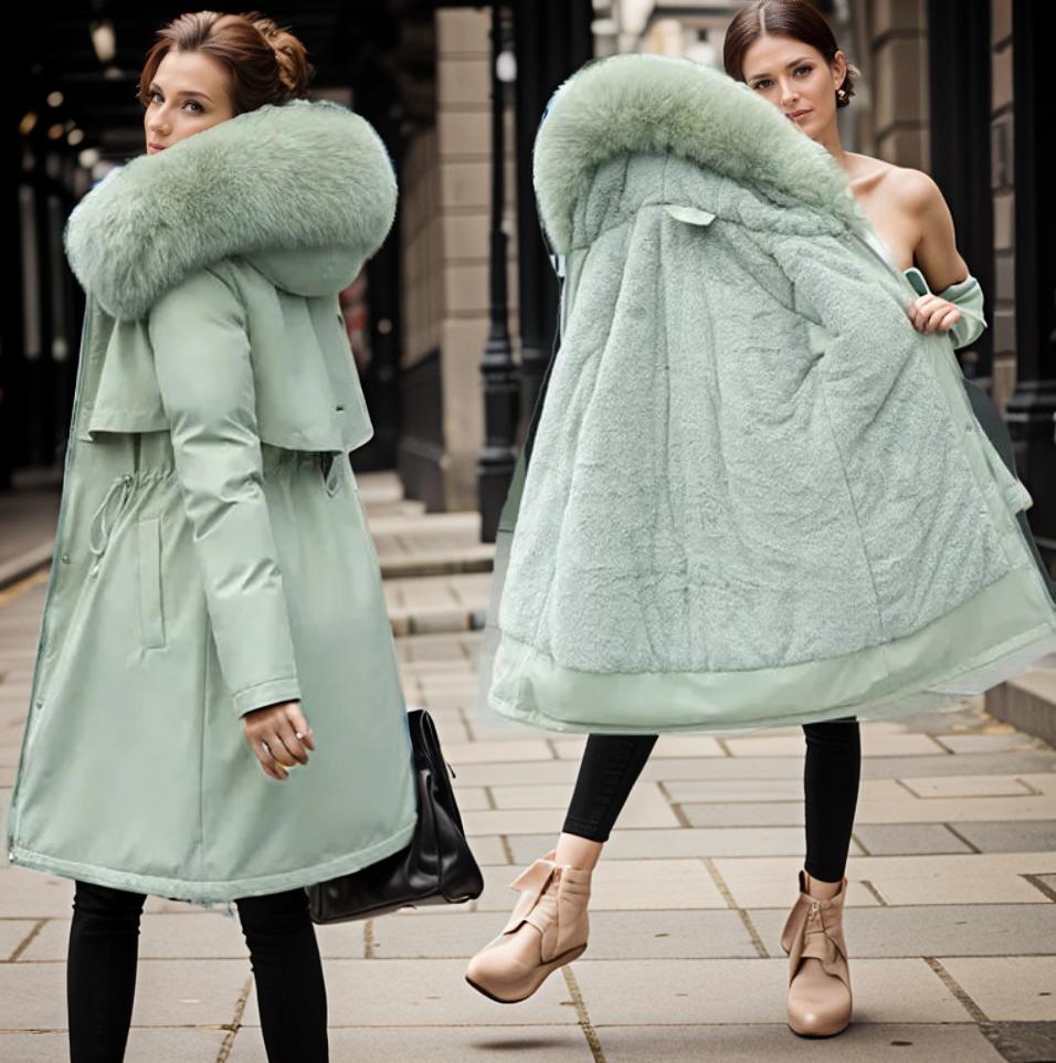 Kvinne Quilted Frakk med Fuskepelshette og Vannavstøtende Design 3