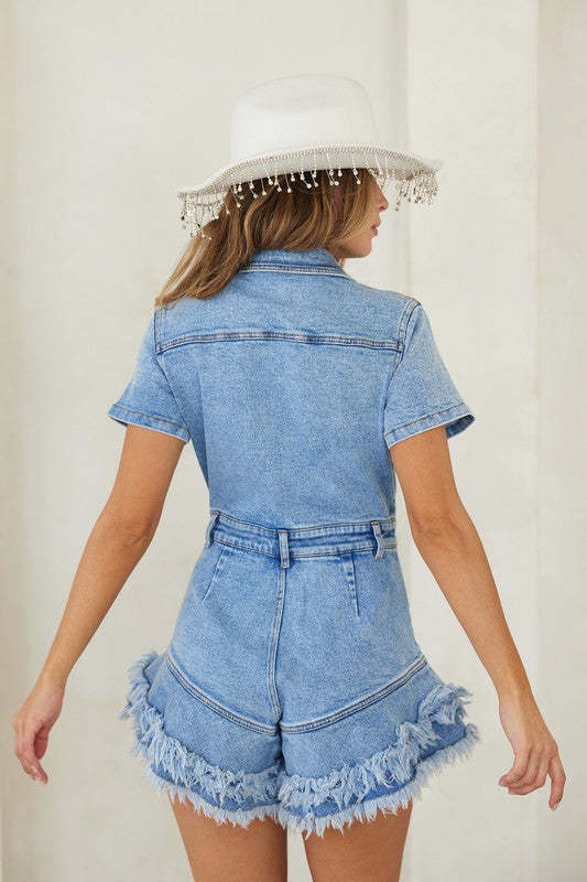 Kvinne Romper Denim Med Knapper og Frayed Hem 3