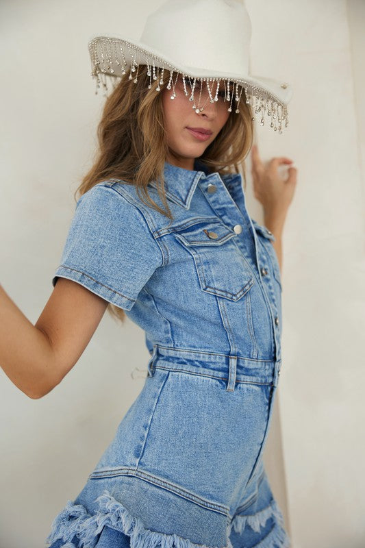 Kvinne Romper Denim Med Knapper og Frayed Hem 5