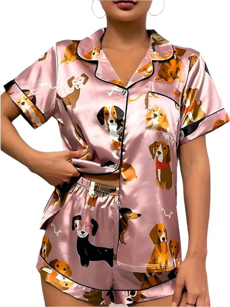 Kvinne Satin Pyjamas Sett Knappefront med Krage 0