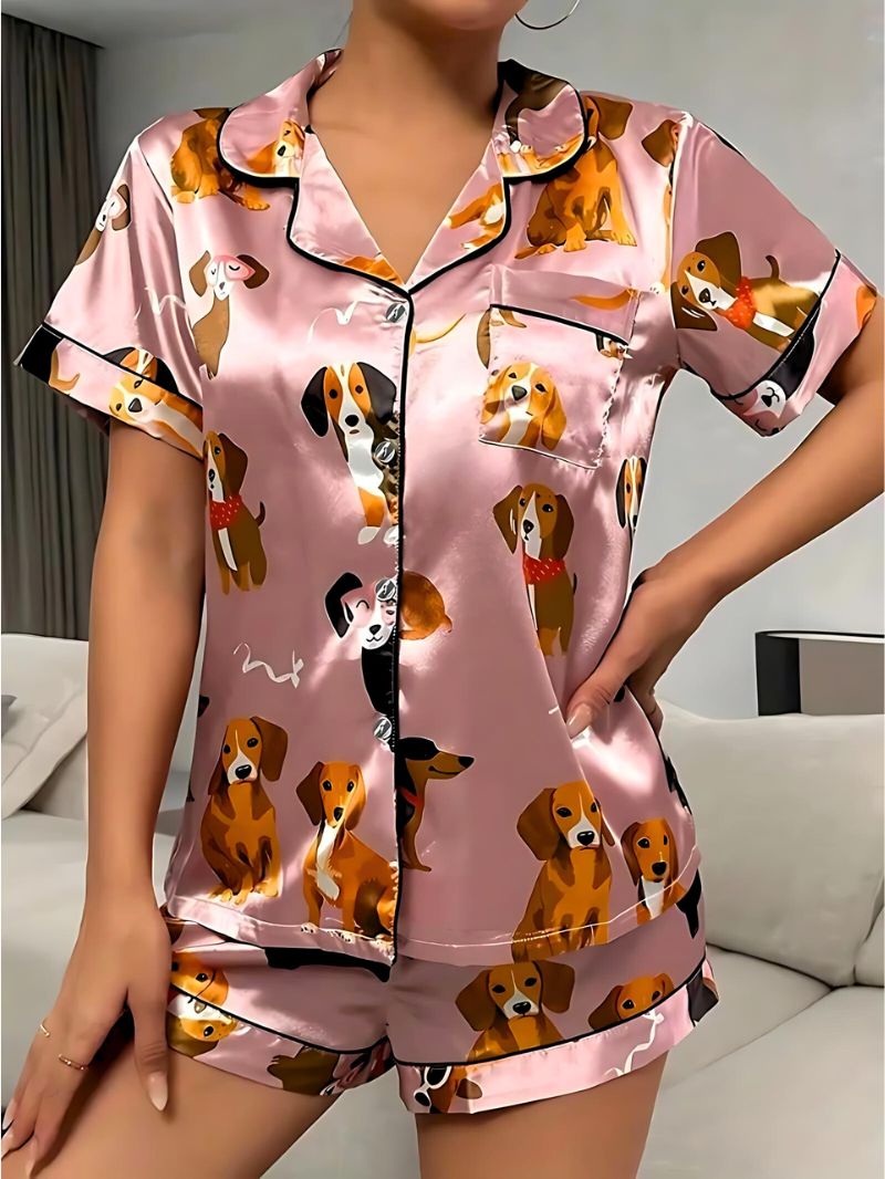 Kvinne Satin Pyjamas Sett Knappefront med Krage 1