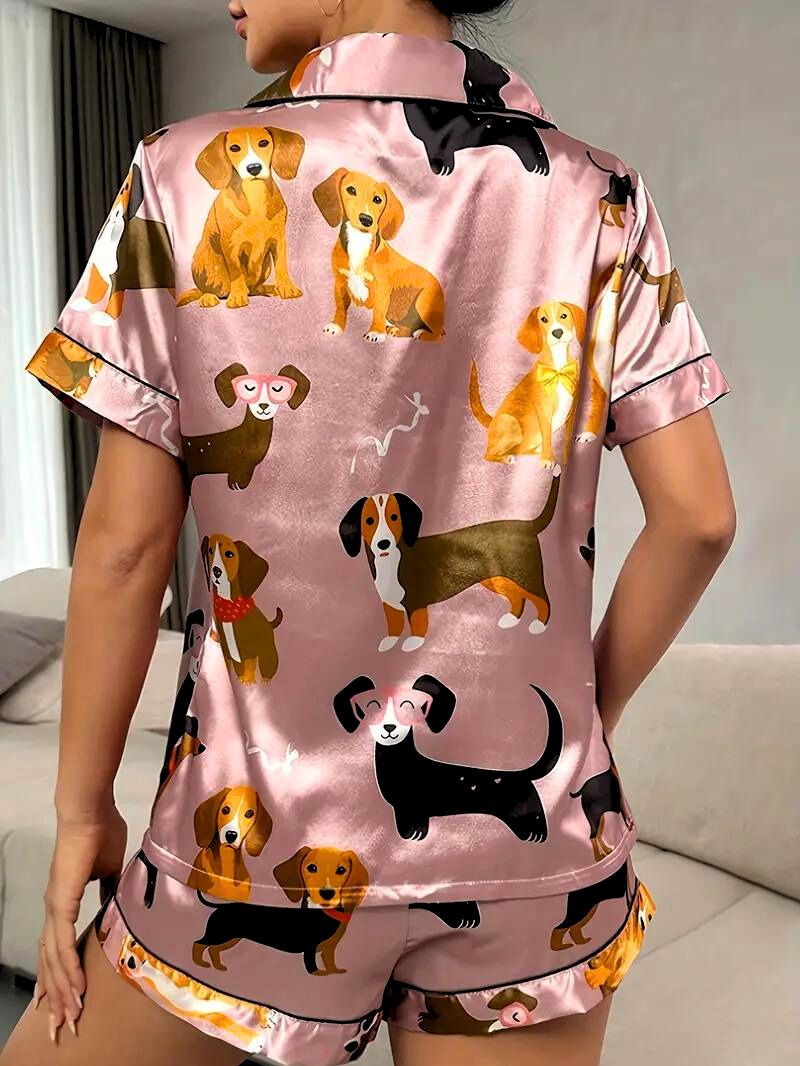 Kvinne Satin Pyjamas Sett Knappefront med Krage 2