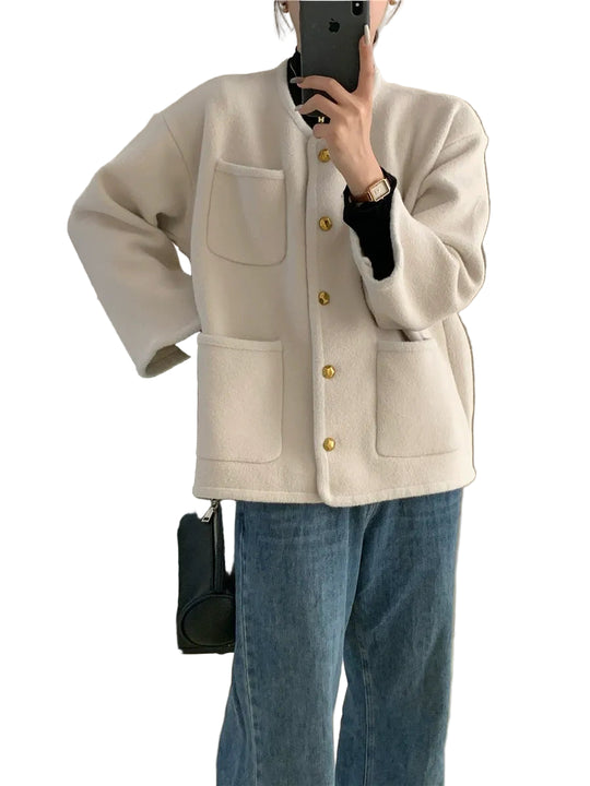 Kvinne Strikket Cardigan - Avslappet Passform - Ullblanding - Knappe-Down - Lommer 0