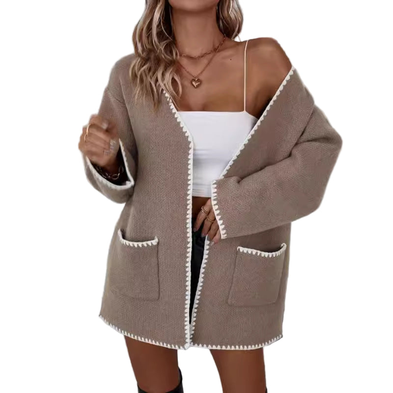 Kvinne Strikket Cardigan Oversized Åpen Front med Lommer 0