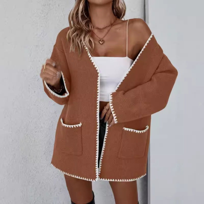 Kvinne Strikket Cardigan Oversized Åpen Front med Lommer 1