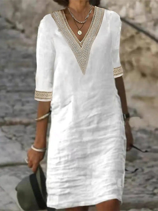 Kvinne V-hals Kjole med Blonde Detaljer Polyester Elastan 4
