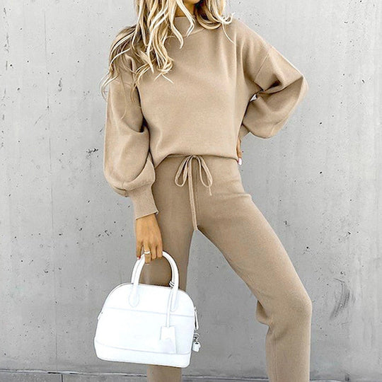 Kvinnenes 2-delte Loungewear Sett med Ballongerm og Justerbar Midje 4
