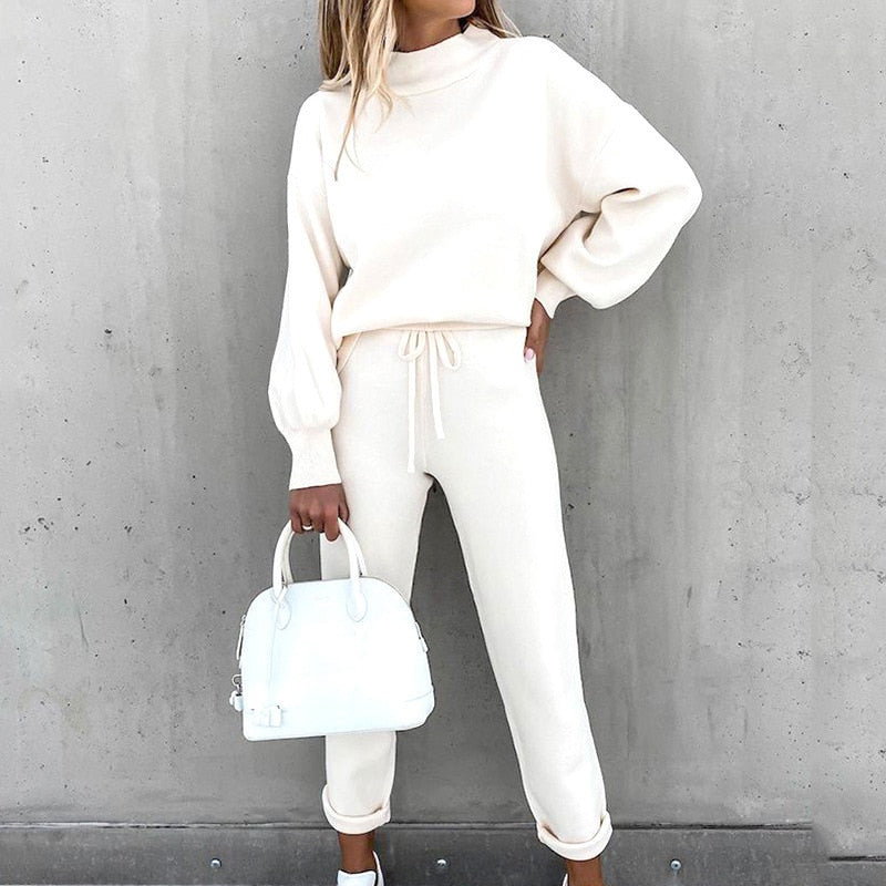 Kvinnenes 2-delte Loungewear Sett med Ballongerm og Justerbar Midje 6