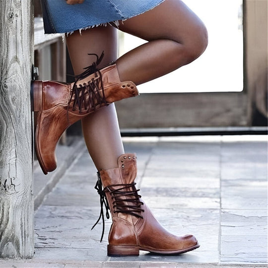 Kvinnenes Mid-Calf Støvler med Snøring og Vintage Detaljer 1