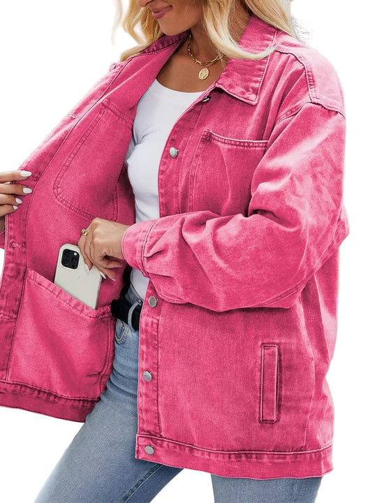 Kvinnens Overdimensjonert Denimjakke Med Brystlommer 0