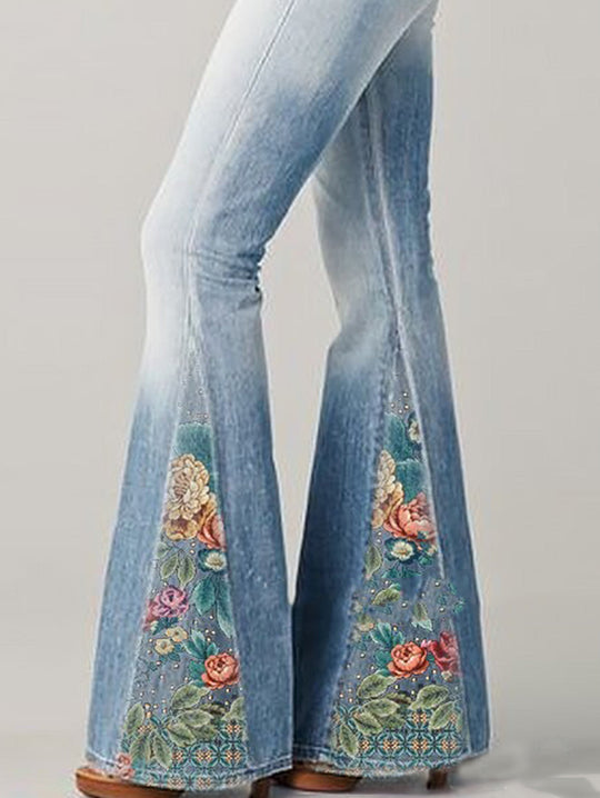 Kvinners Blussede Jeans med Blomstertrykk 6