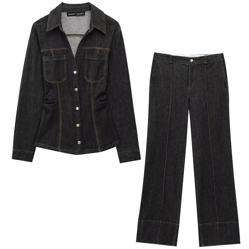 Kvinners Denim Sett med Langermet Skjorte og Flared Bukser 5