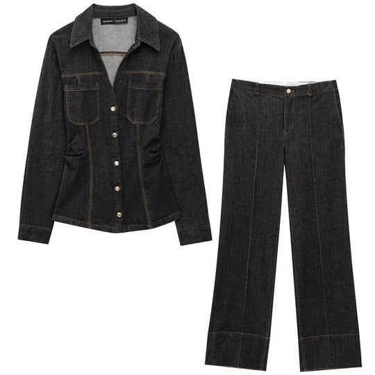 Kvinners Denim Sett med Langermet Skjorte og Flared Bukser 5