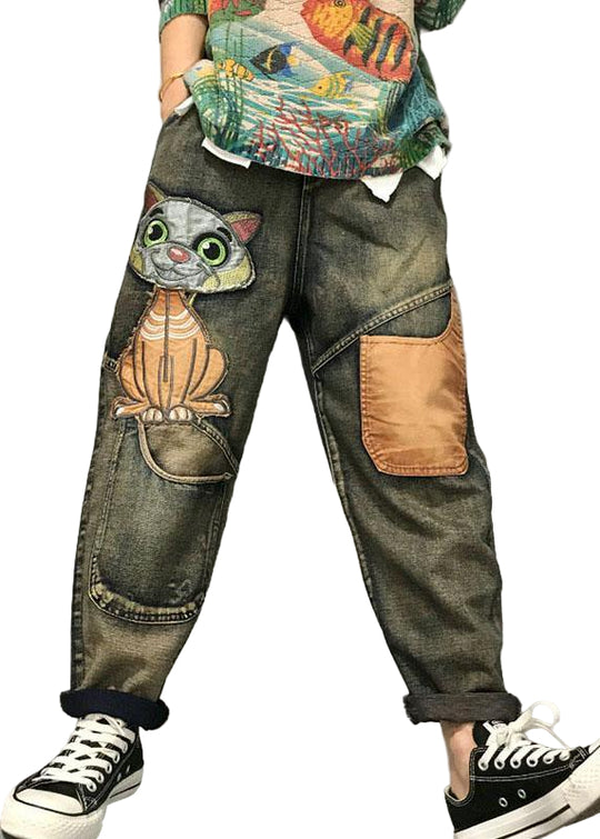 Kvinners Harem Jeans med Kattbroderi 0