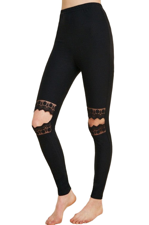 Kvinners Leggings med Blonderutskjæringer i Børstet Stoff 0