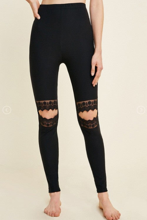 Kvinners Leggings med Blonderutskjæringer i Børstet Stoff 1